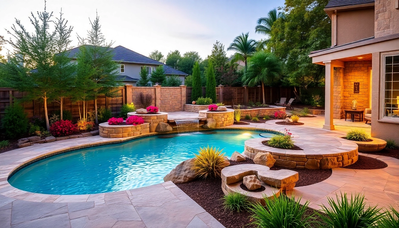 Create stunning Hardscapes & Pools with a well-designed backyard showcasing elegant stonework and vibrant greenery.