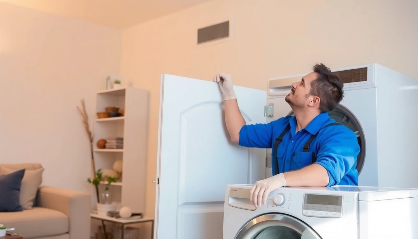 Professional dryer vent cleaning salt lake city by a technician in a bright living room setting.