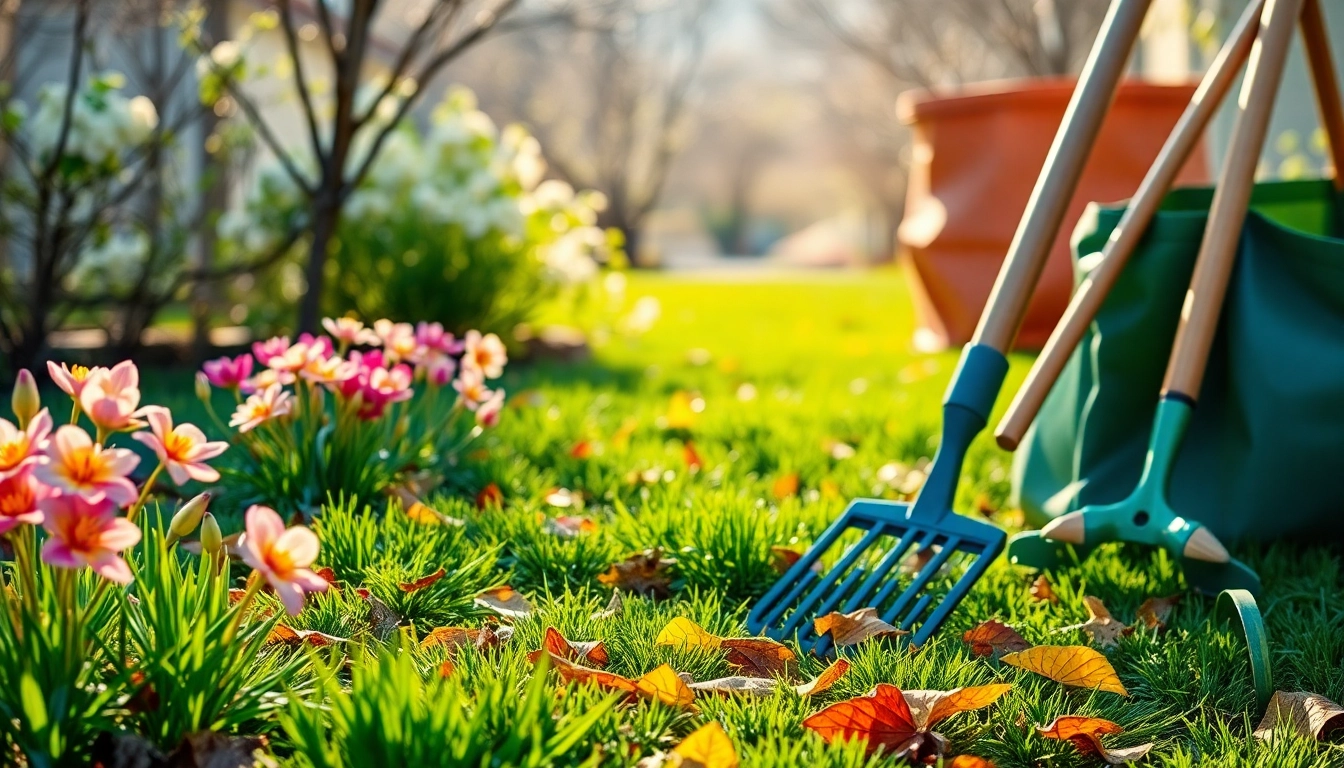 Spring clean up in a vibrant garden with blooming flowers, gardeners using rakes and tidy bags.