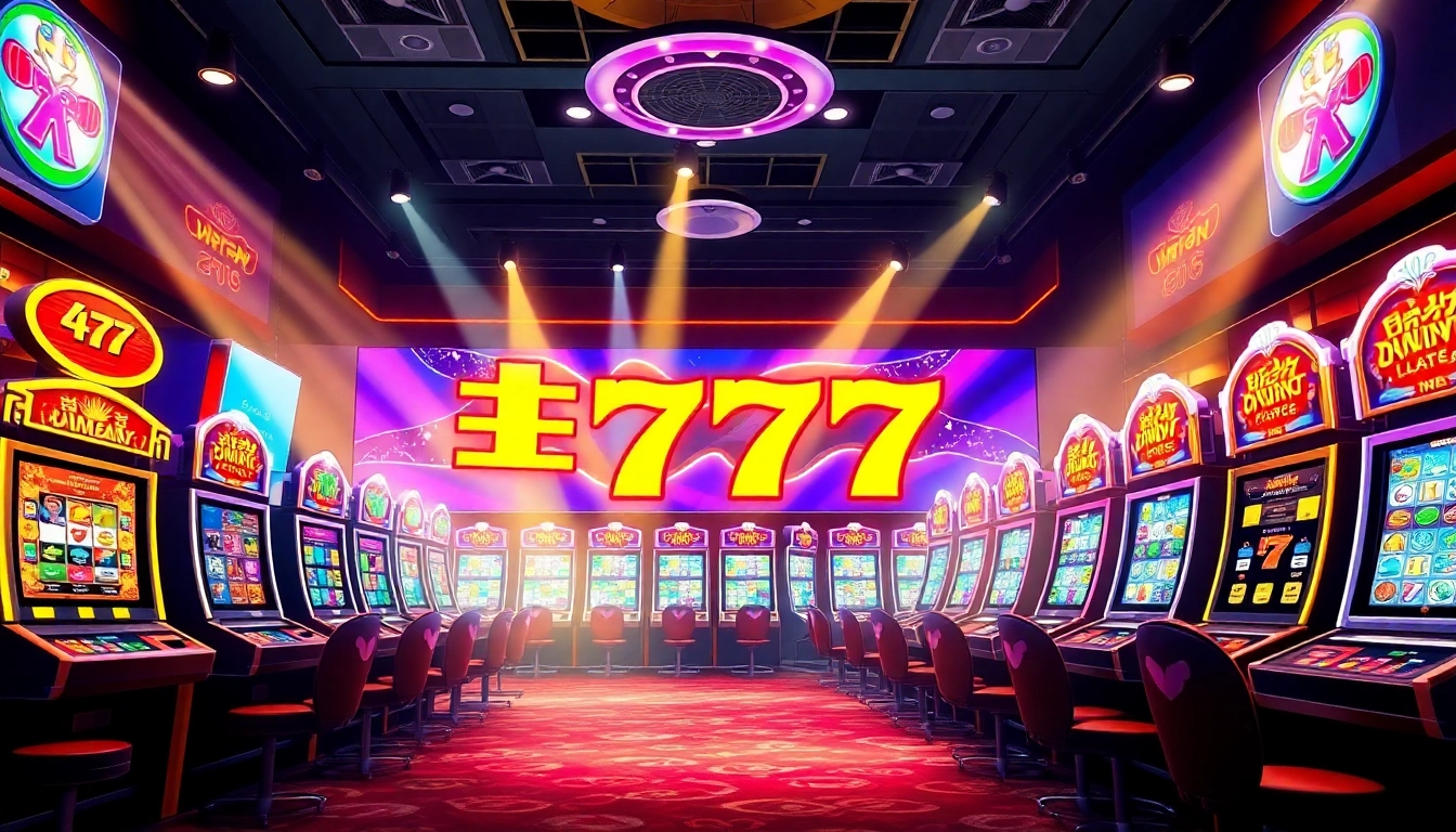 Experience thrilling gameplay with สล็อต777 in a lively casino environment full of colorful slot machines and joyful players.