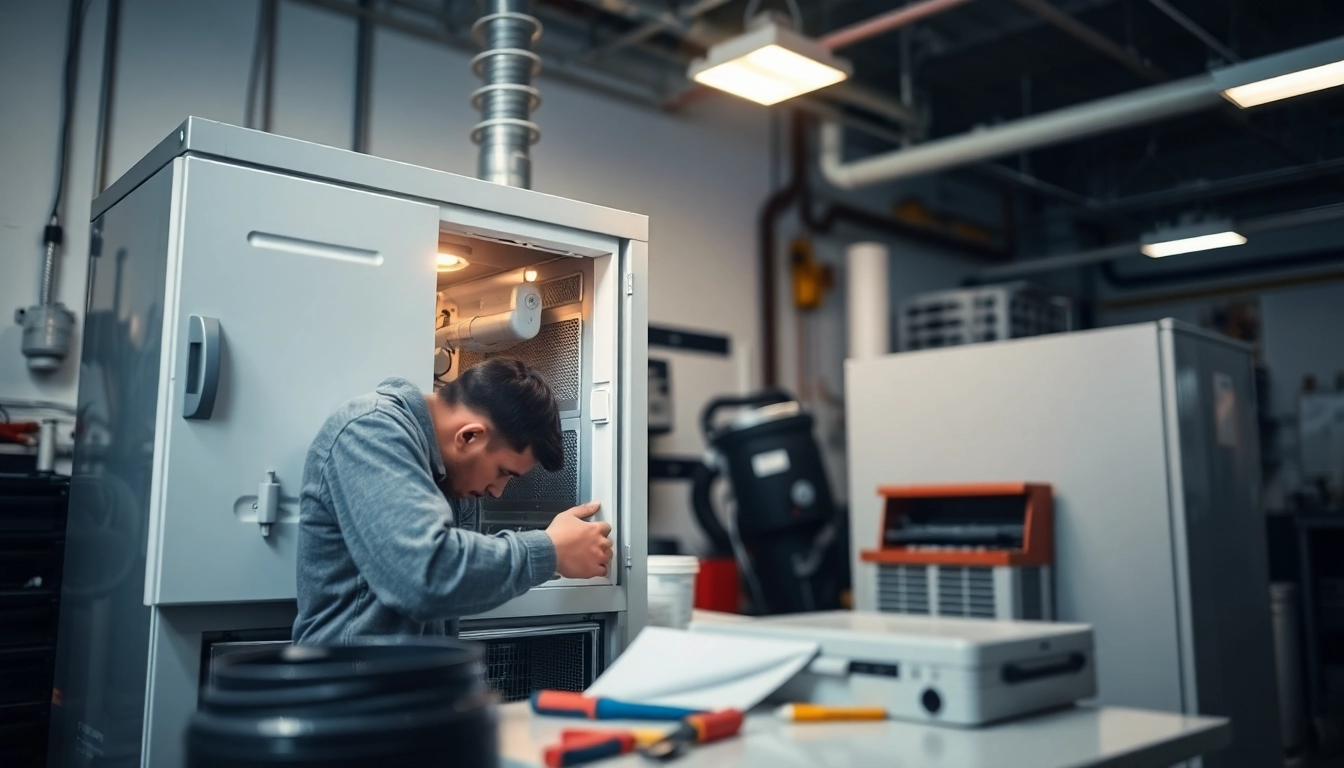 Expert performing ice machine repair in a well-lit service area with tools and machinery.