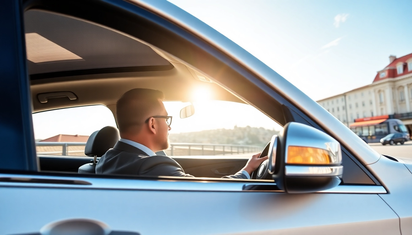 Effortlessly enjoy a professional hire car with driver in Lisbon, showcasing luxury vehicles on a scenic city street.