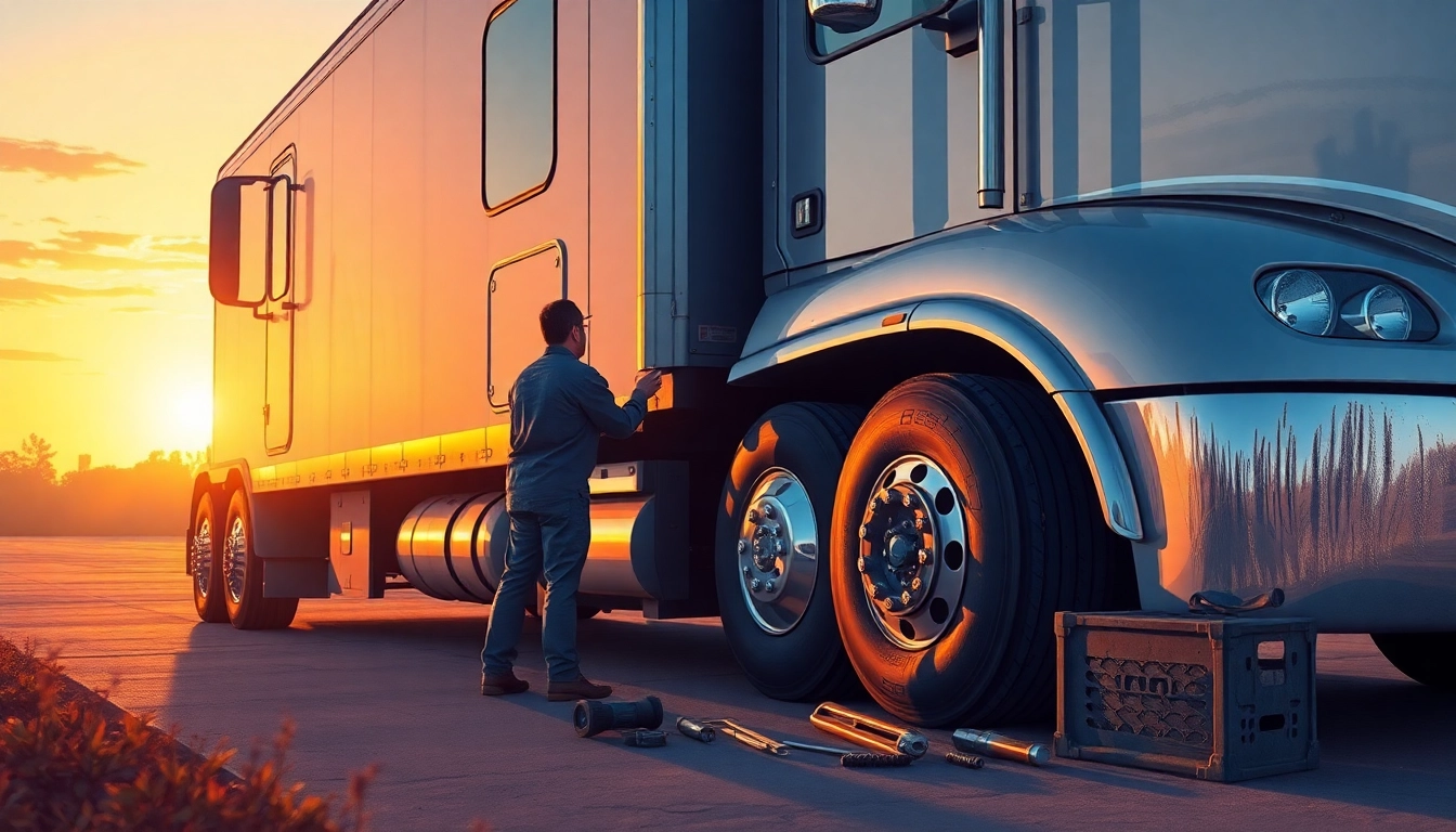 Highlighting the best truck repair service in Florida by showcasing a mechanic working on a large truck under warm sunlight.