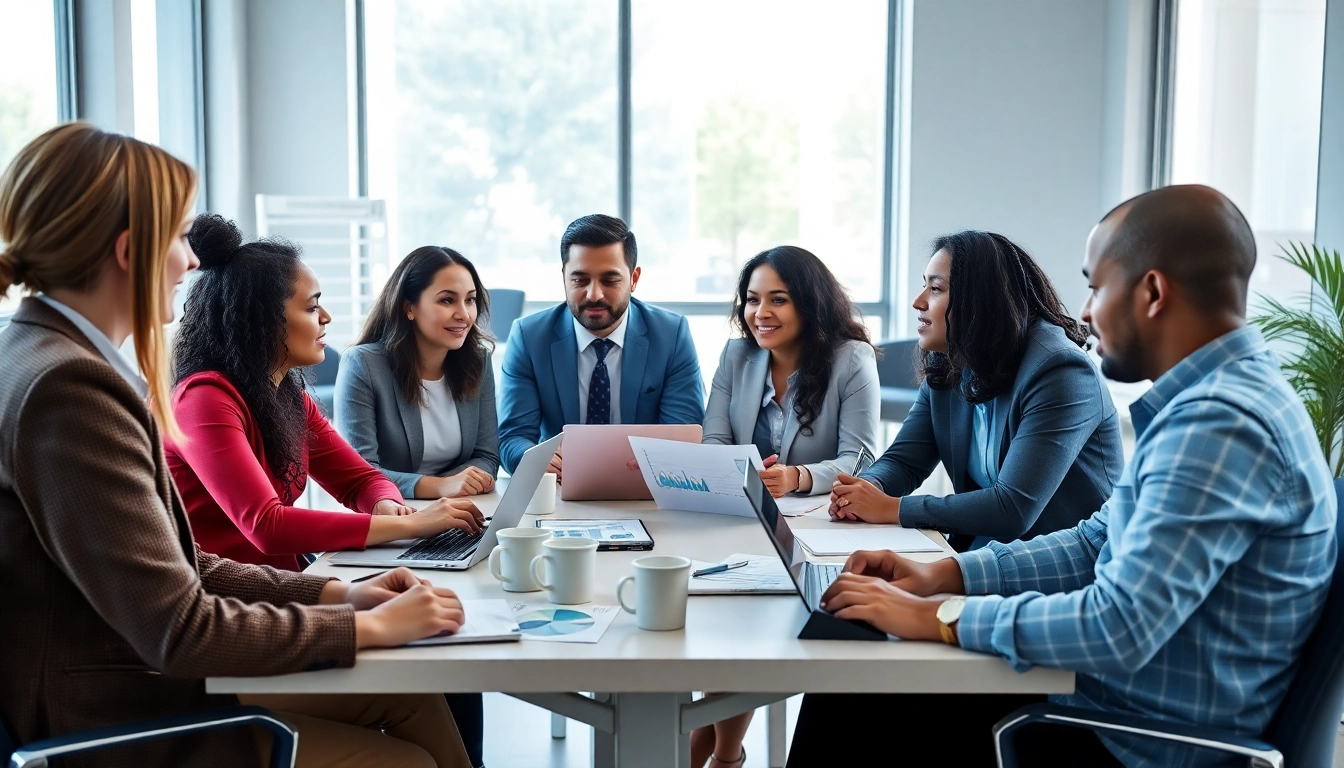 Outsourcing professionals collaborating in a modern office environment with charts and laptops.