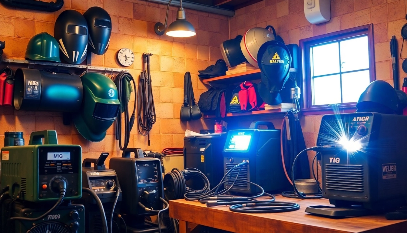 Shop high-quality welding supplies including helmets and welders in a well-equipped workshop.