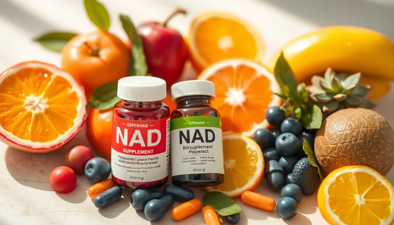 Boost your wellness with NAD Supplement capsules among fresh fruits and vibrant colors.