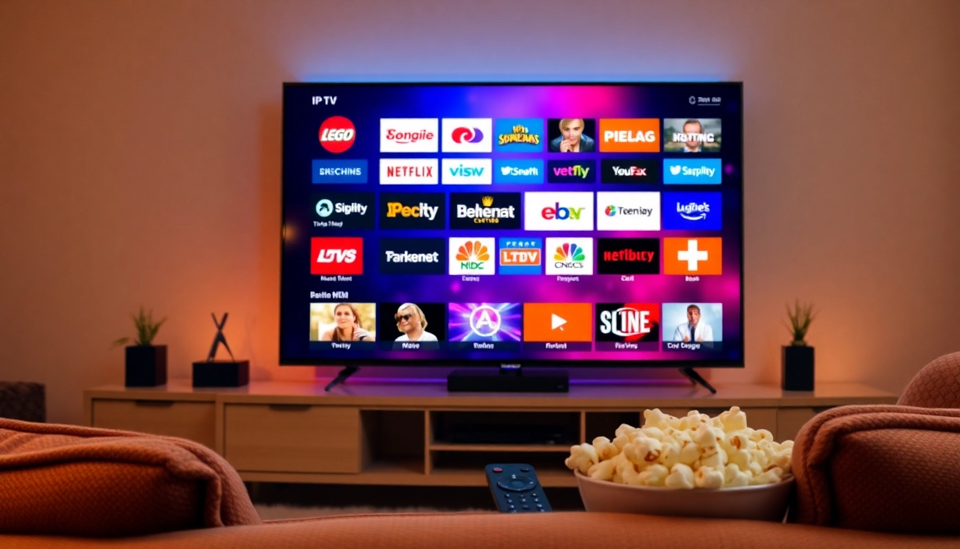 Experience an IPTV trial with vibrant channels showcasing a cozy living room setting.