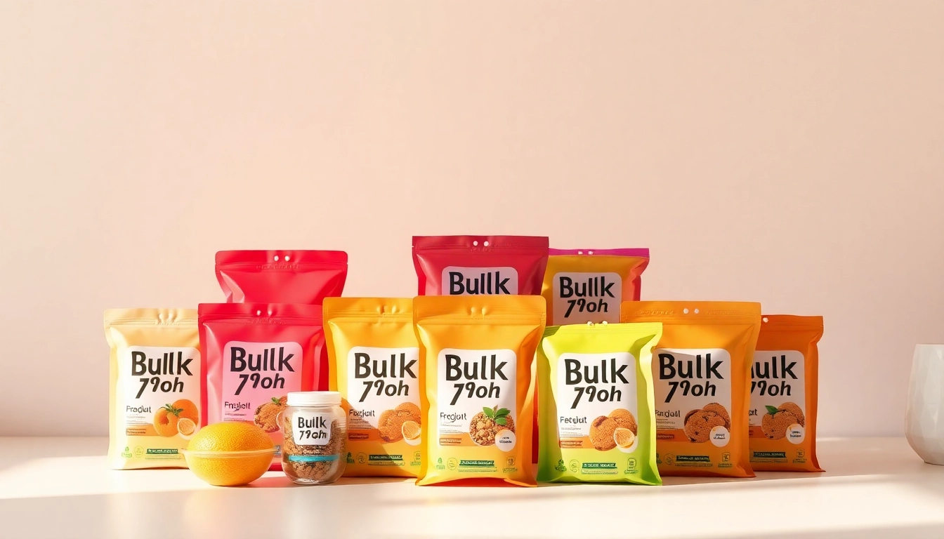 Showcase an appealing assortment of Bulk 7oh products in vibrant packaging on a clean backdrop.