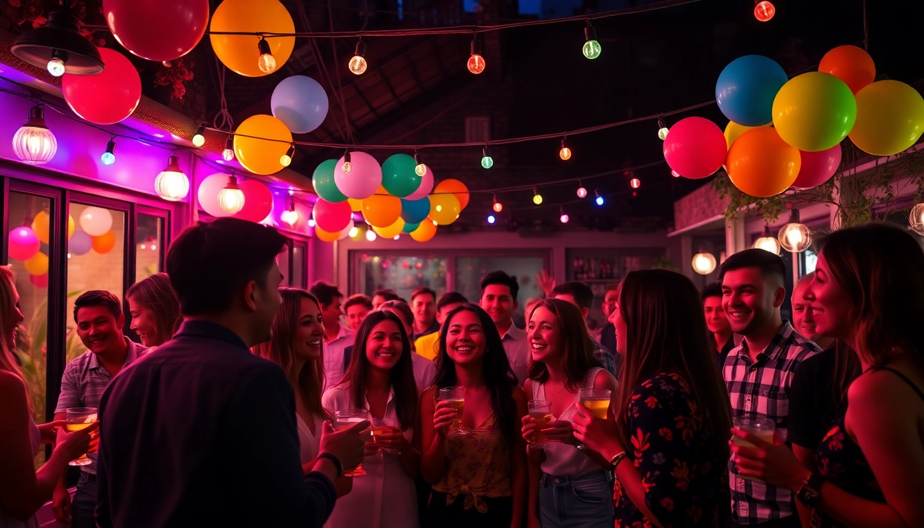 Guests celebrating a unique event at an outdoor venue, enjoying vibrant decorations and a festive atmosphere.