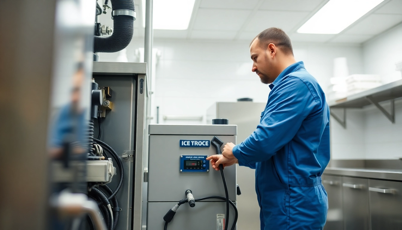 Technician performing ice machine repair in a commercial kitchen setting, showcasing expertise and diligence.